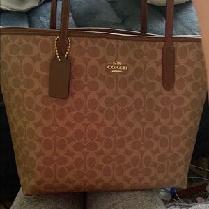 Coach Brown Monogram Tote Bag with Leather Trim